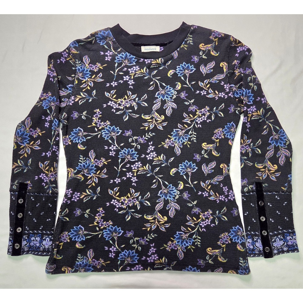 Sundance Loretta Blue Pet Med Floral Thermal Top Boho Cottagecore Romantic Cozy